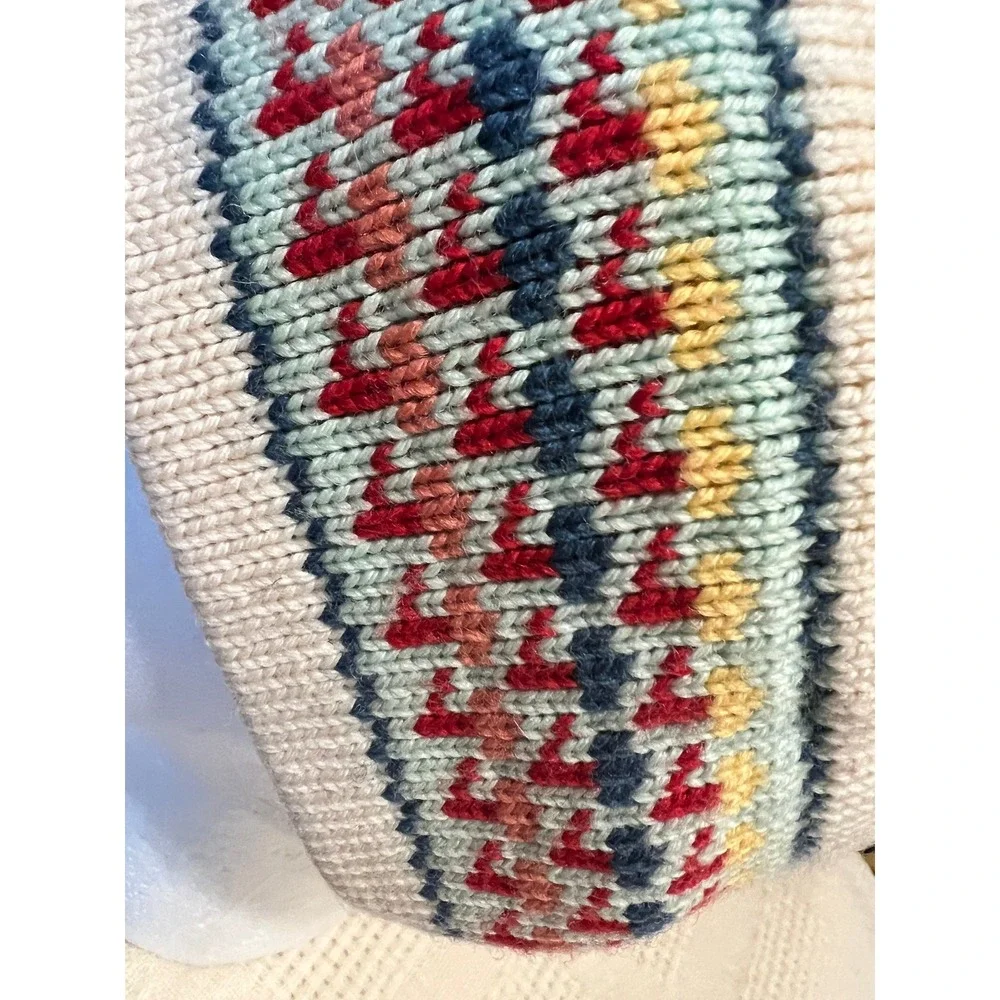 Handmade Wool Knit Beanie Hat Pom Pom Fair Isle Pattern Cream Red‎ Blue Yellow